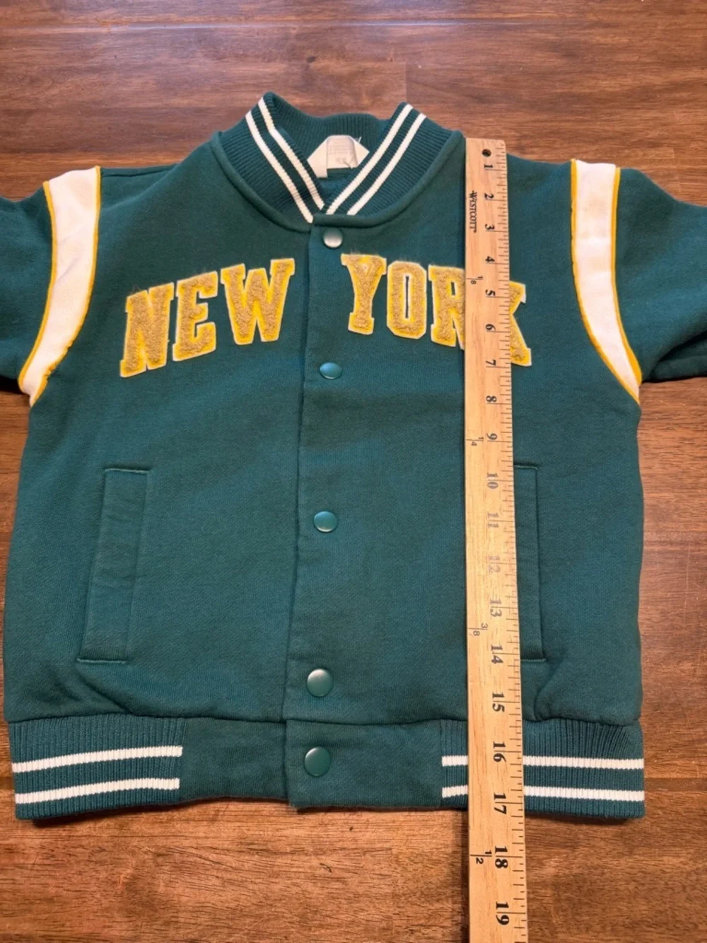 H&M Kids Dark Green & White Snap Button Varsity New York Jacket SZ 5T/6 Sporty